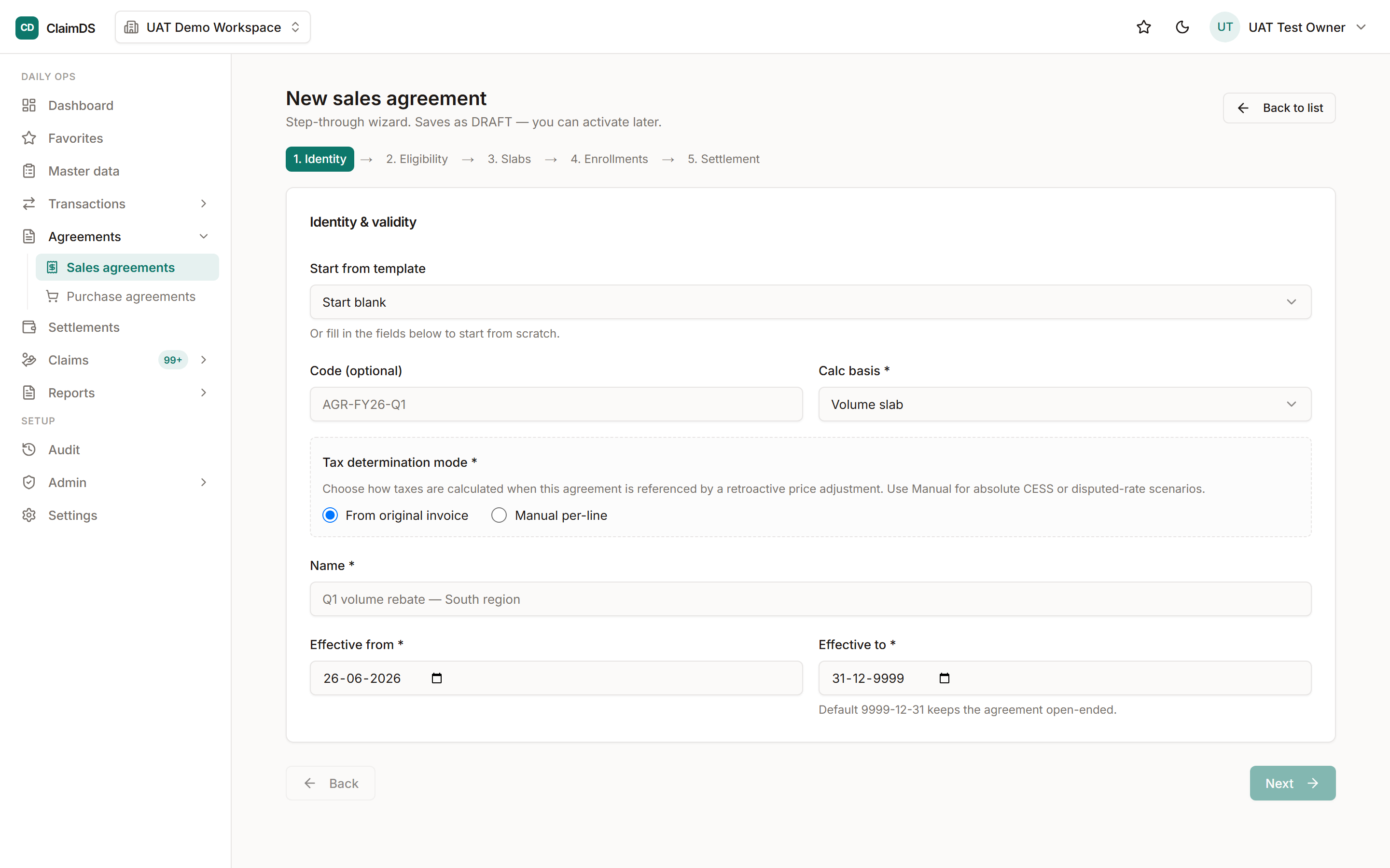 Setting up a sales-side customer agreement in ClaimDS.