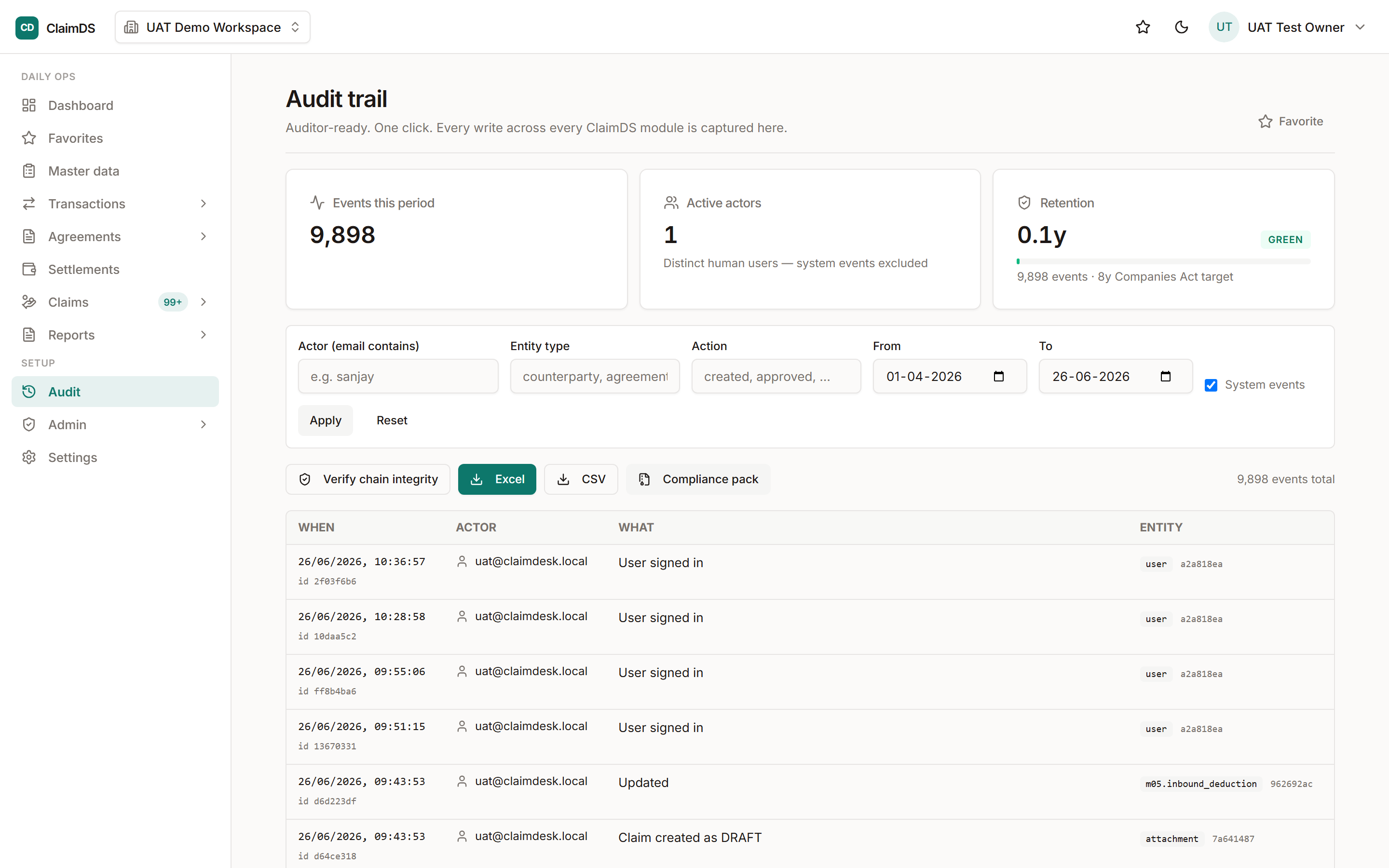 ClaimDS audit log view showing recorded events with actors and timestamps.