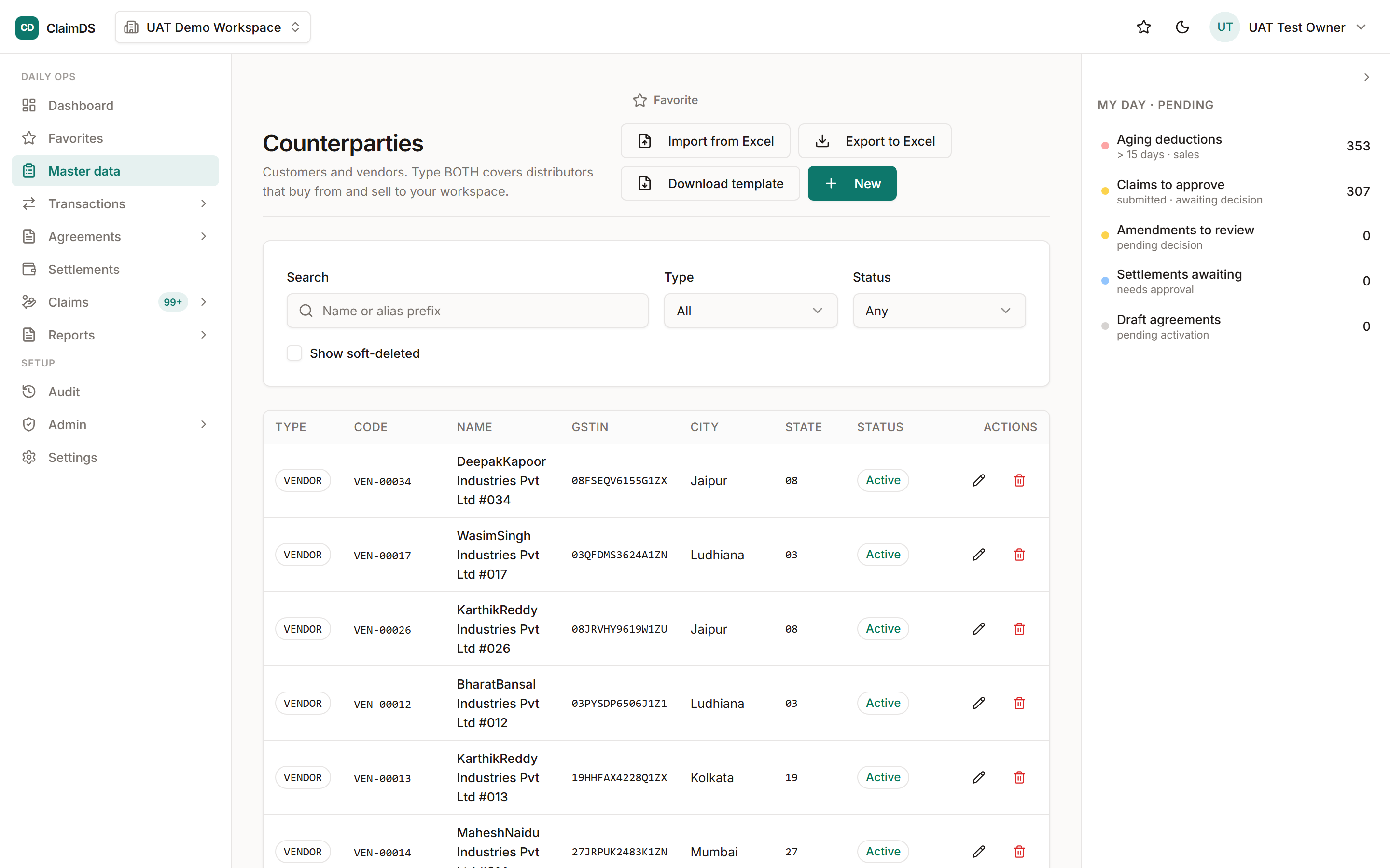 ClaimDS counterparties master list, showing partner records with their identifiers and status.