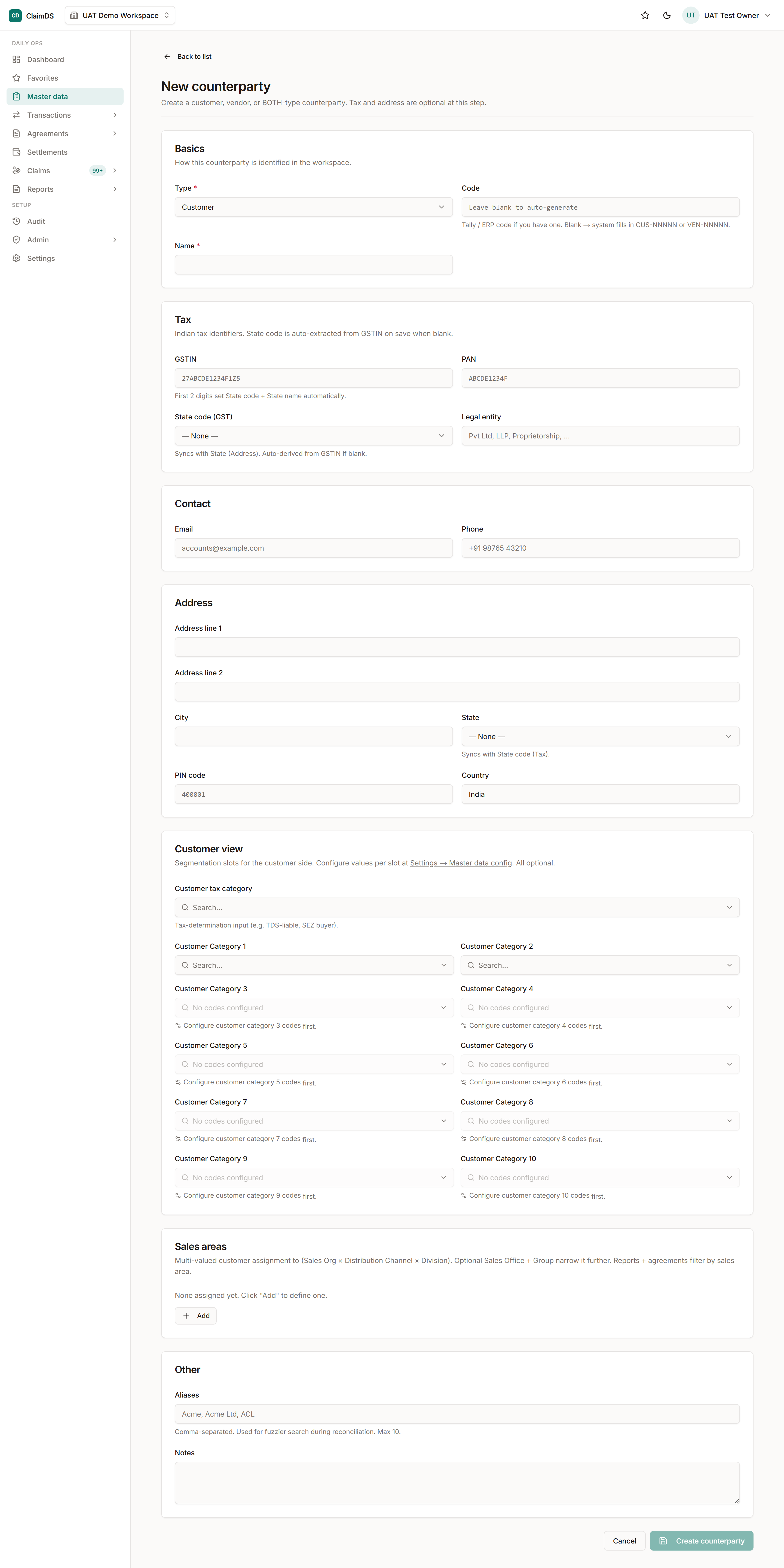 The New counterparty form in ClaimDS, with fields for name, type, GST identifiers, address and aliases.