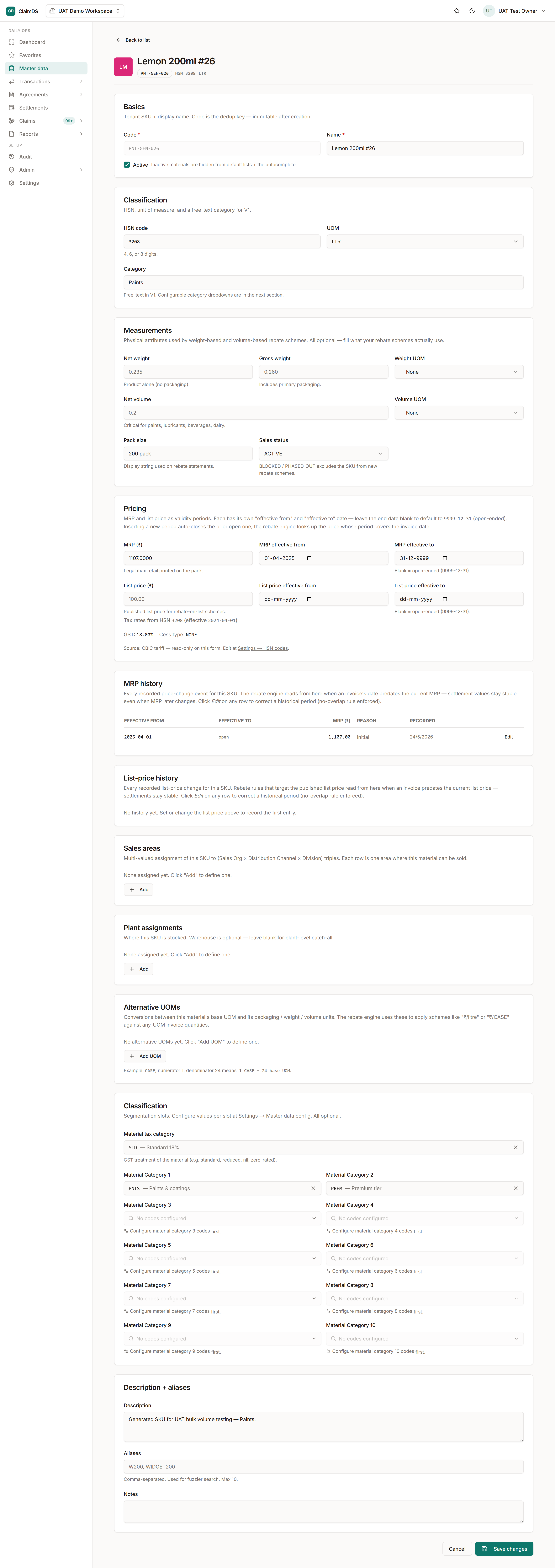 Editing a material in ClaimDS — most fields are editable, while the code is fixed once set.