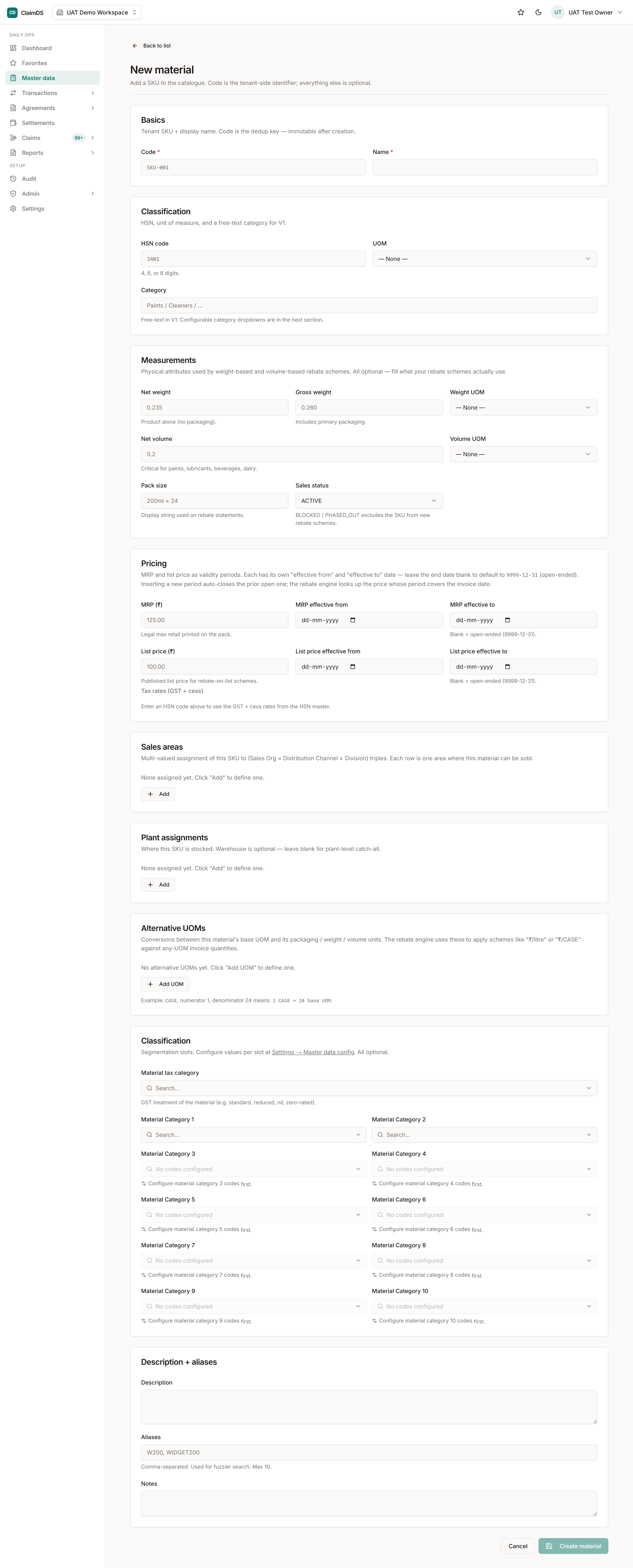 The New material form in ClaimDS, with sections for basics, classification, measurements and pricing.