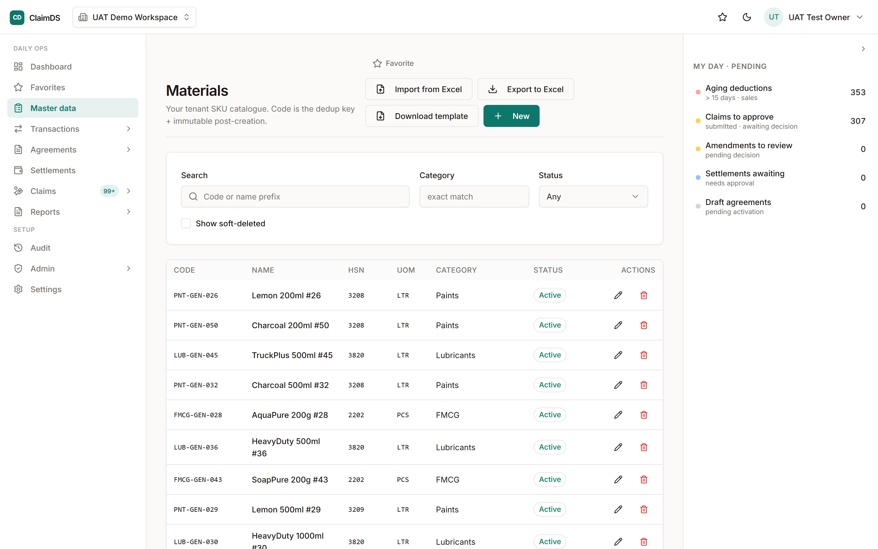 The Materials list in ClaimDS — the SKU catalogue showing each item's code, HSN, unit of measure, category and status.