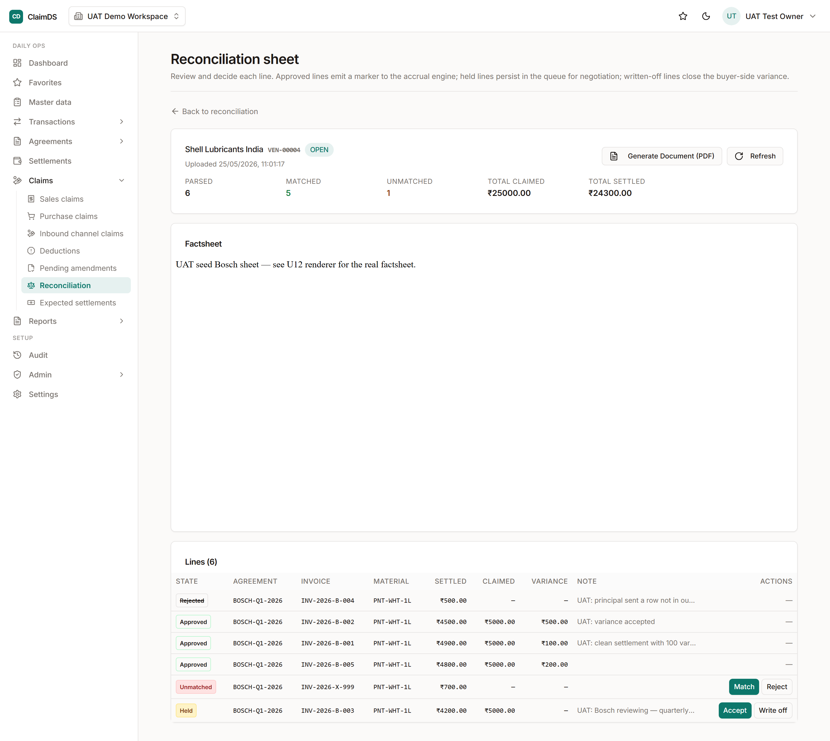 ClaimDS reconciliation sheet matching partner claim lines against invoice-level base data, with matched, unmatched and exception lines separated.