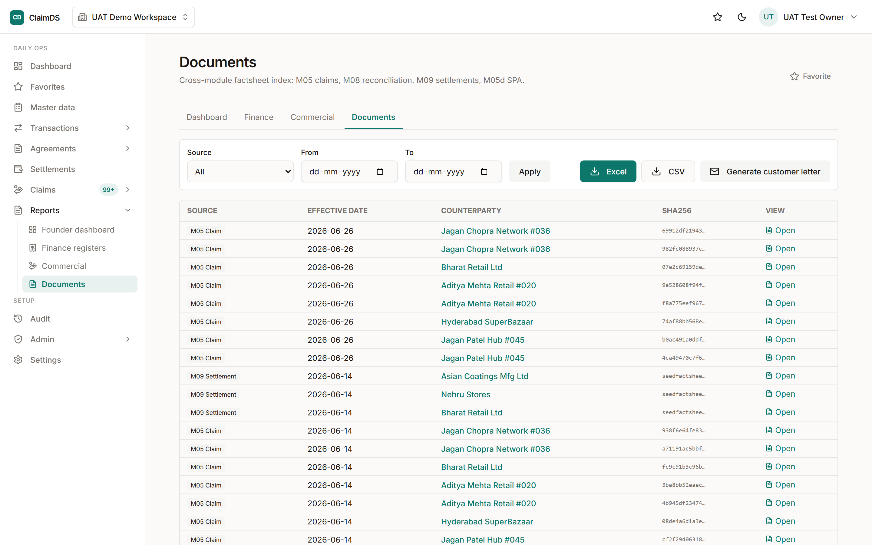 The generated documents index in ClaimDS.