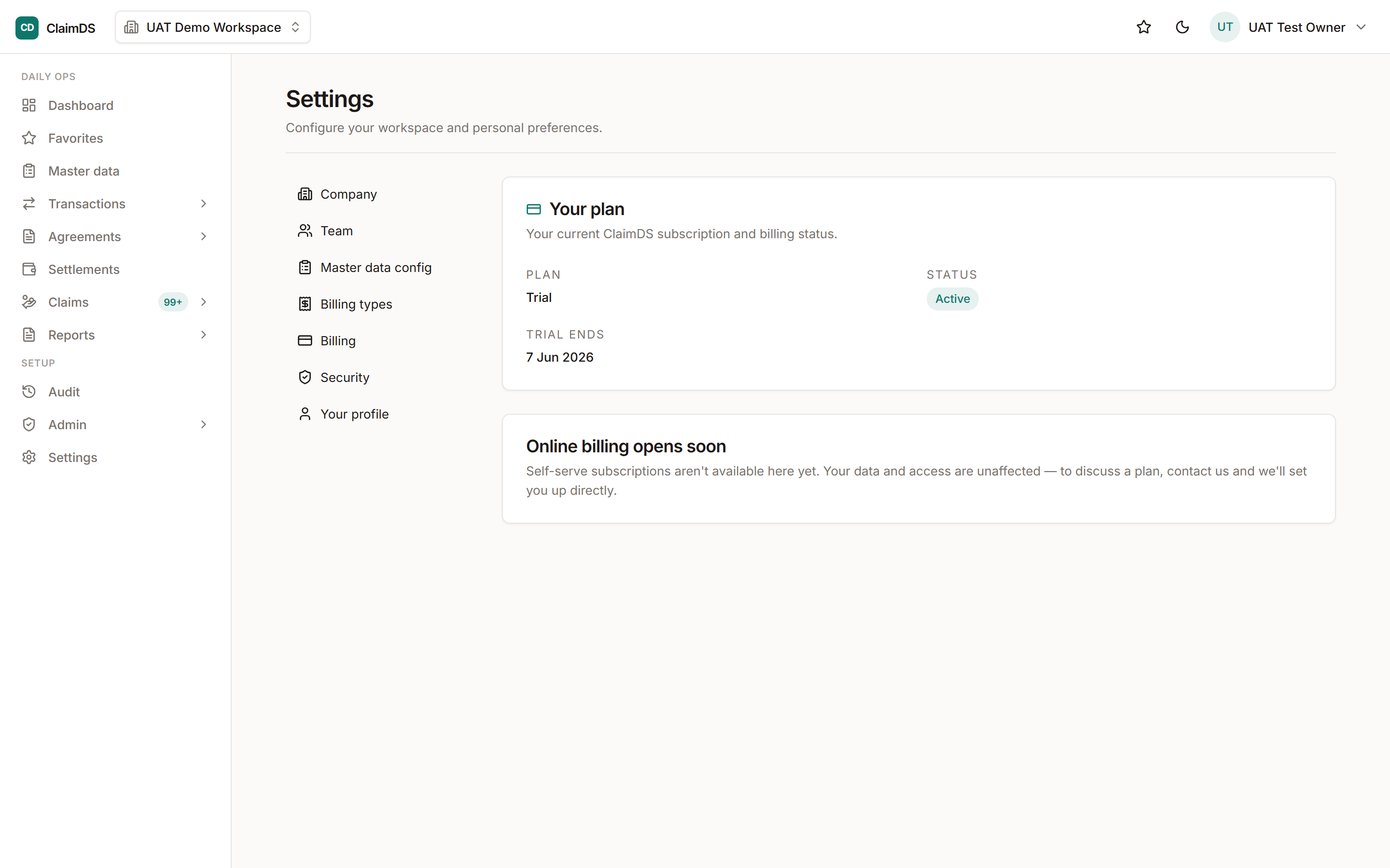 The billing and plan settings in ClaimDS.