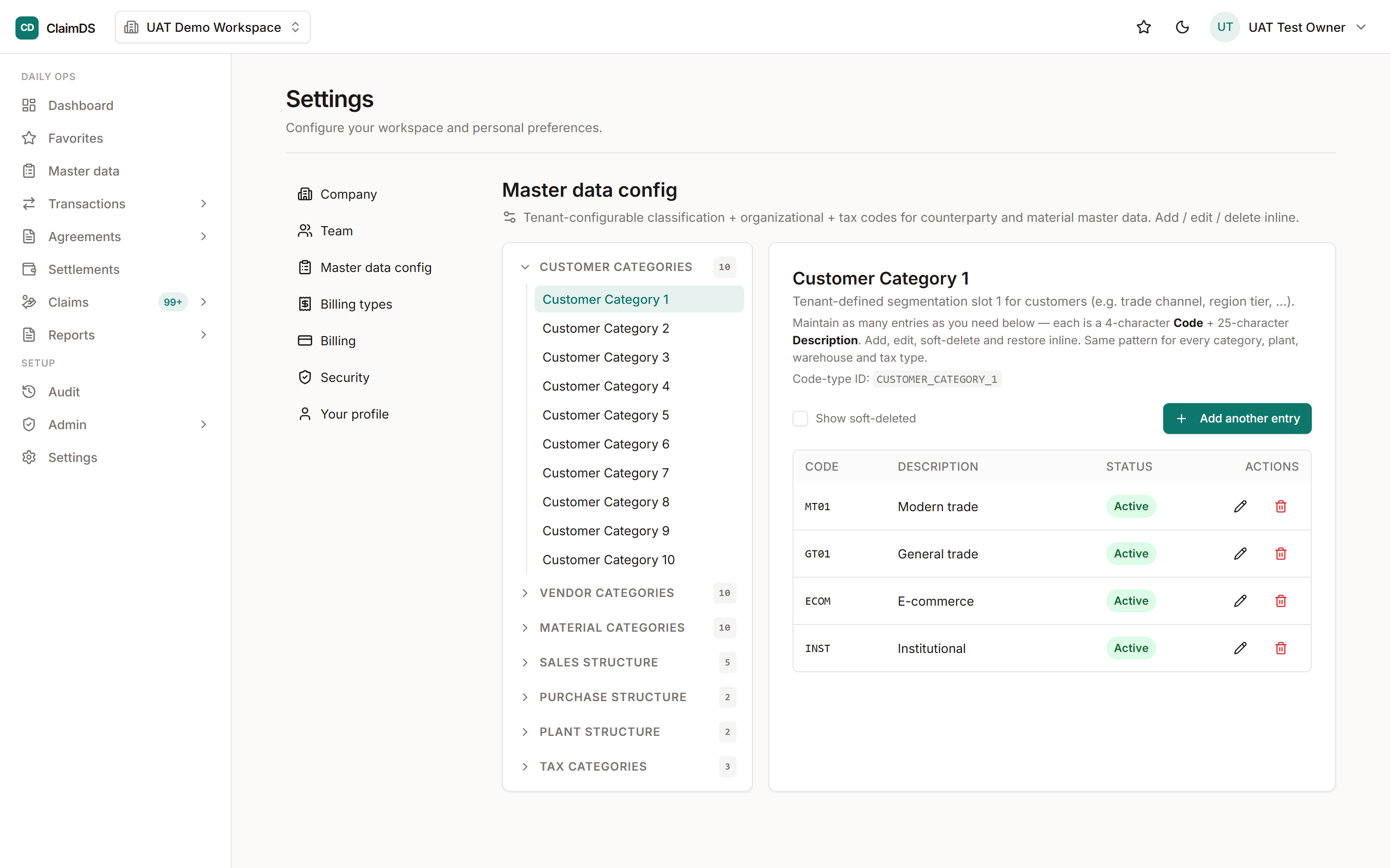 The lookup-code configuration screen in ClaimDS.