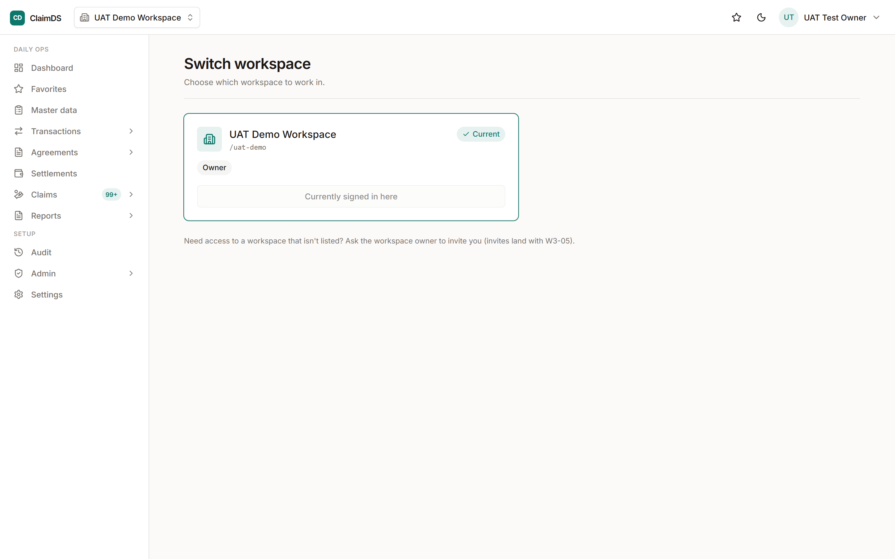 The switch-workspace screen in ClaimDS.