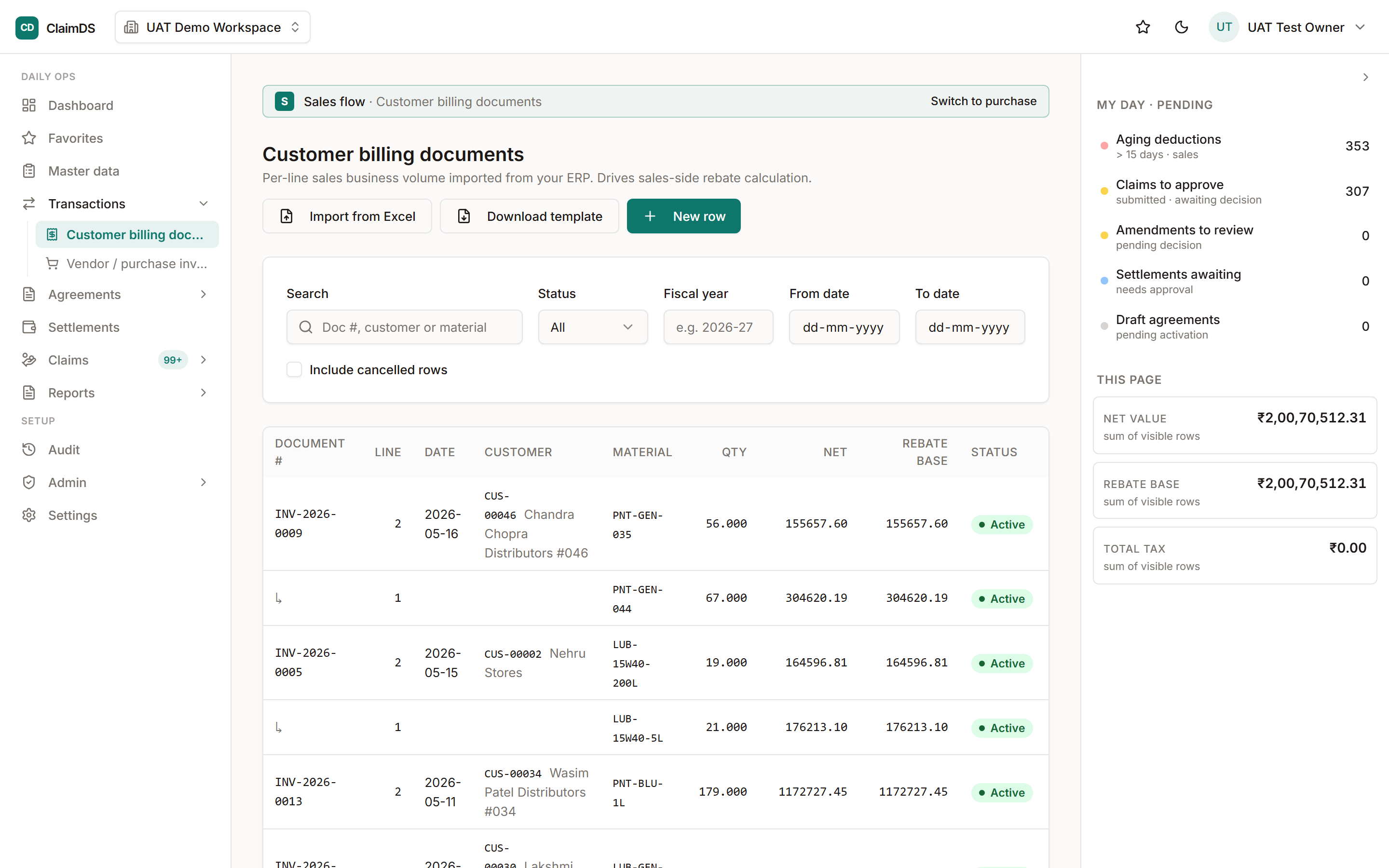 The business-volume documents list in ClaimDS.