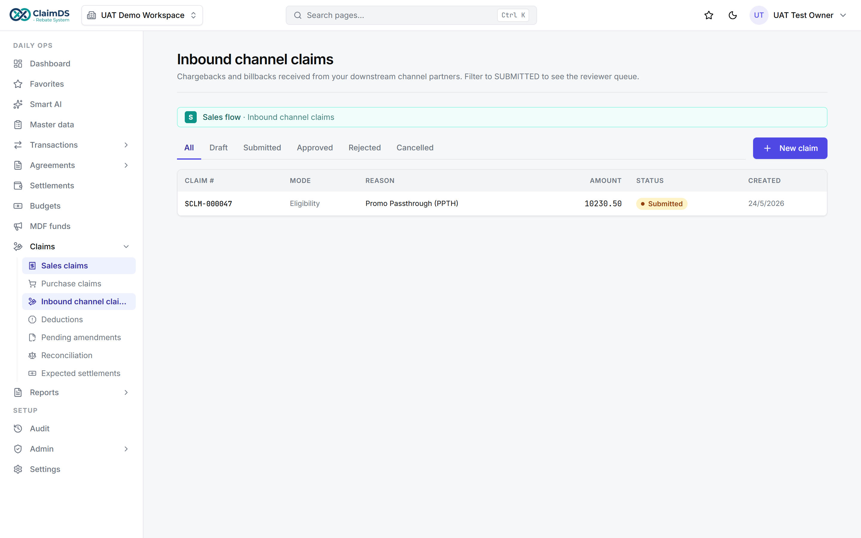 Inbound customer claims and chargebacks queue in ClaimDS