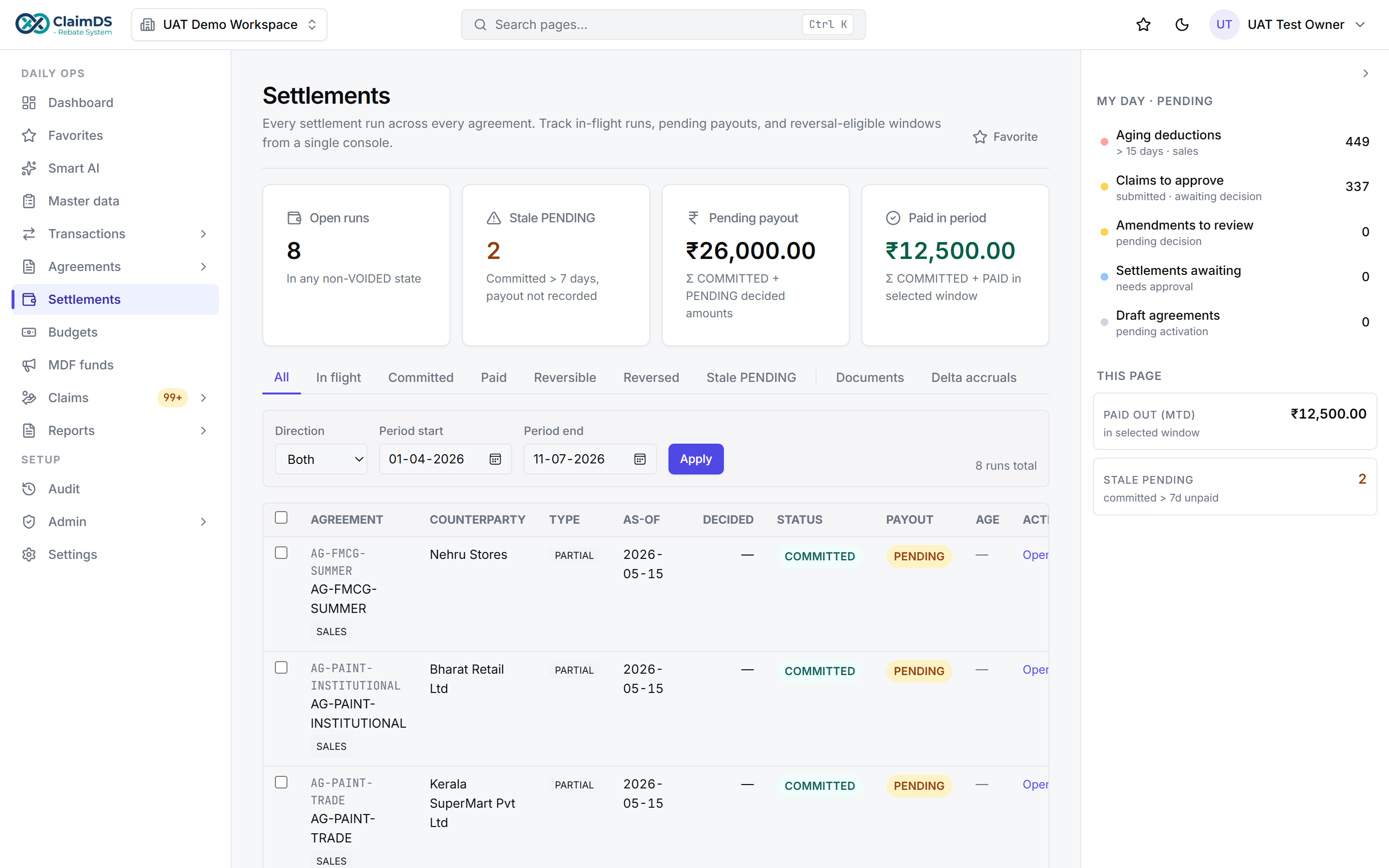The ClaimDS settlements view, where payouts are calculated, approved and settled in one auditable place.